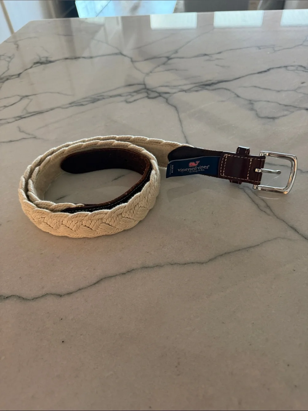 Vineyard Vines Cream Braided Belt with Brown Leather Trim and Silver Buckle